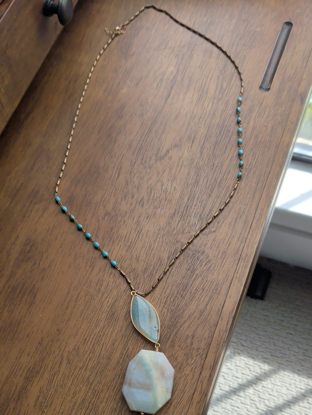 Gold-Tone Necklace with Turquoise Beads and Blue Stone Pendant
